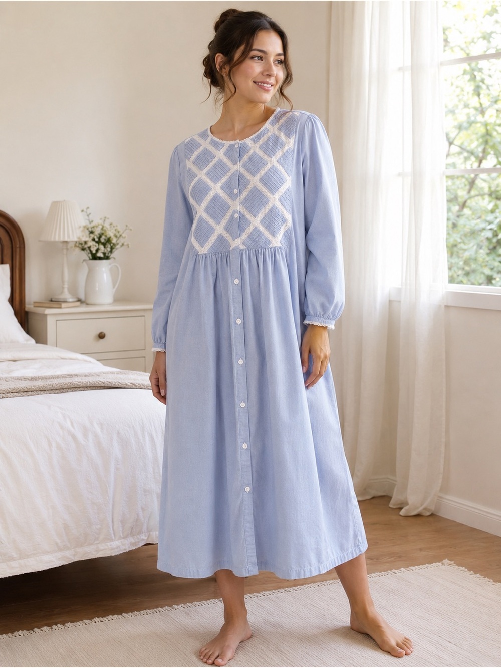 Vintage Women's Lace Yoke Long Button-Front Nightgown Light Blue M